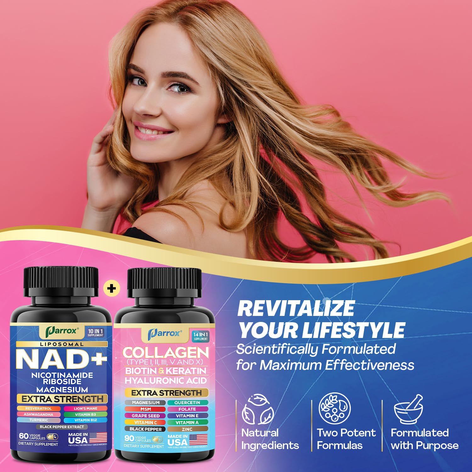 Parrox Conjunto Juventud Eterna: péptidos de colágeno tipos I, II, III, V y X visual, posible apoyo a la piel