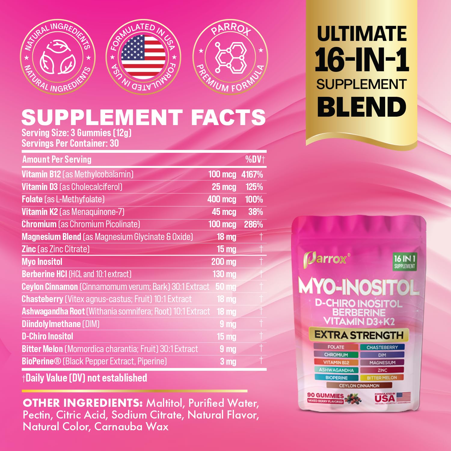 Etiqueta de Parrox con listado de 16 ingredientes resaltando mezclas clave para equilibrio hormonal