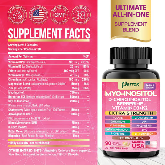 Parrox Myo-Inositol: etiqueta clara para lectura fácil y balance diario.