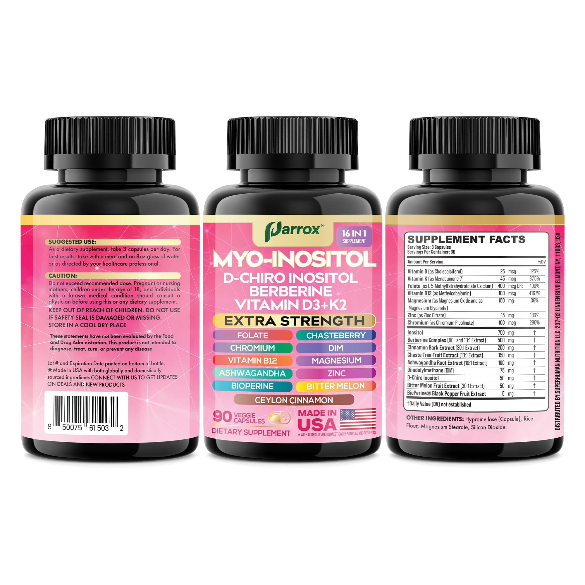 Parrox Myo-Inositol: pack de tres frascos para tres meses.
