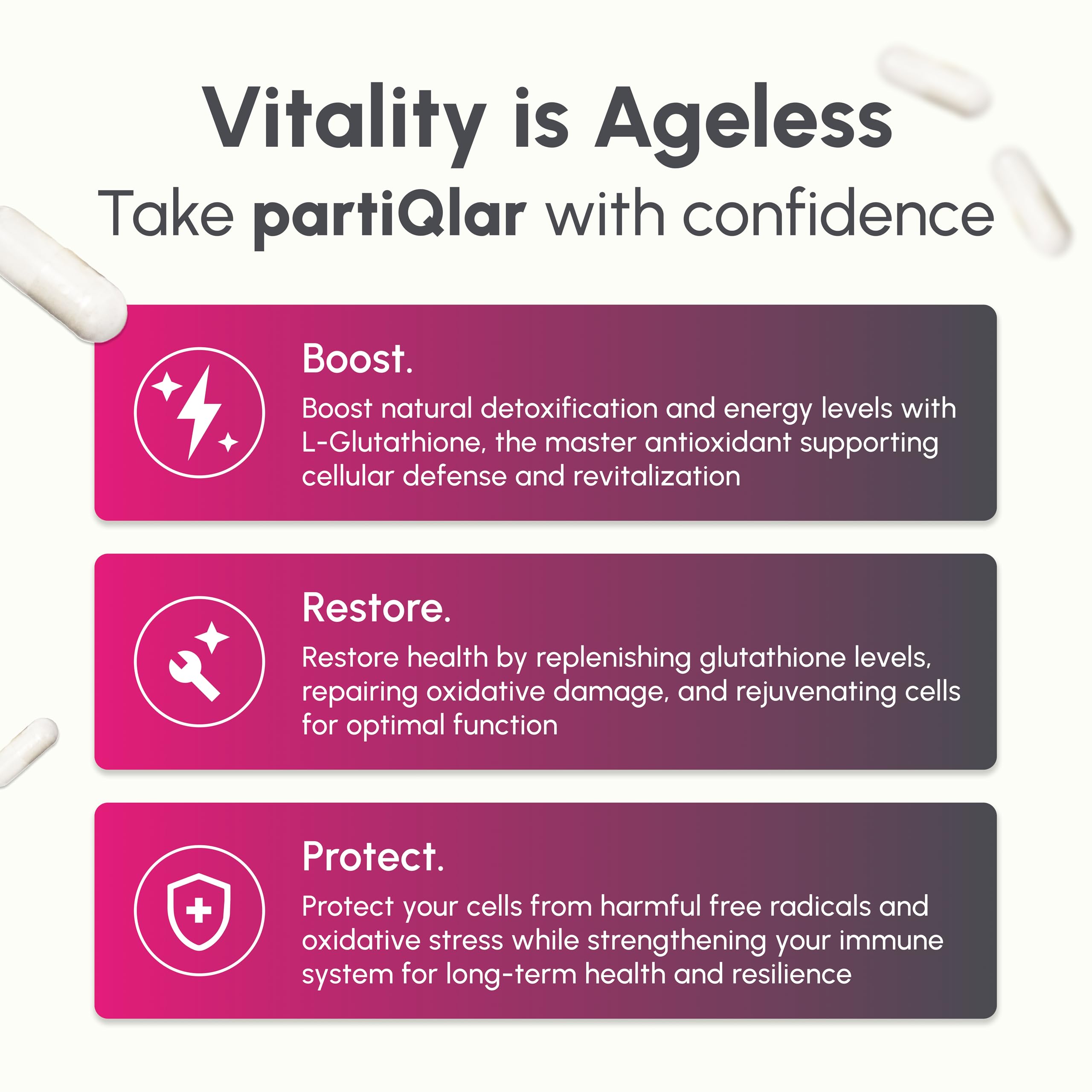 partiqlar puro l-glutatión: etiqueta detallada, depuración suave.