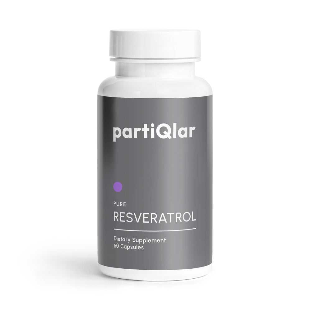 PartiQlar Resveratrol en cápsulas dentro de la caja, opción diaria para apoyo antioxidante.