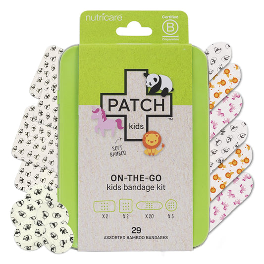 PATCH estuche frontal mostrando la lata portátil y beneficios ecológicos