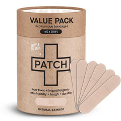 PATCH empaque frontal mostrando 100 unidades y ventaja ecológica