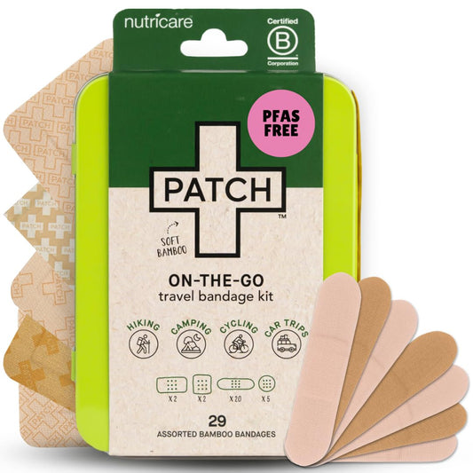 PATCH estuche abierto frontal mostrando 29 apósitos y lata reutilizable para organización