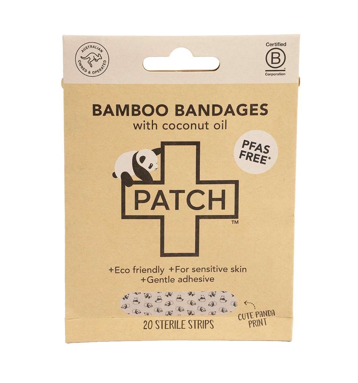 PATCH paquete frontal mostrando diseño panda y beneficio ecológico