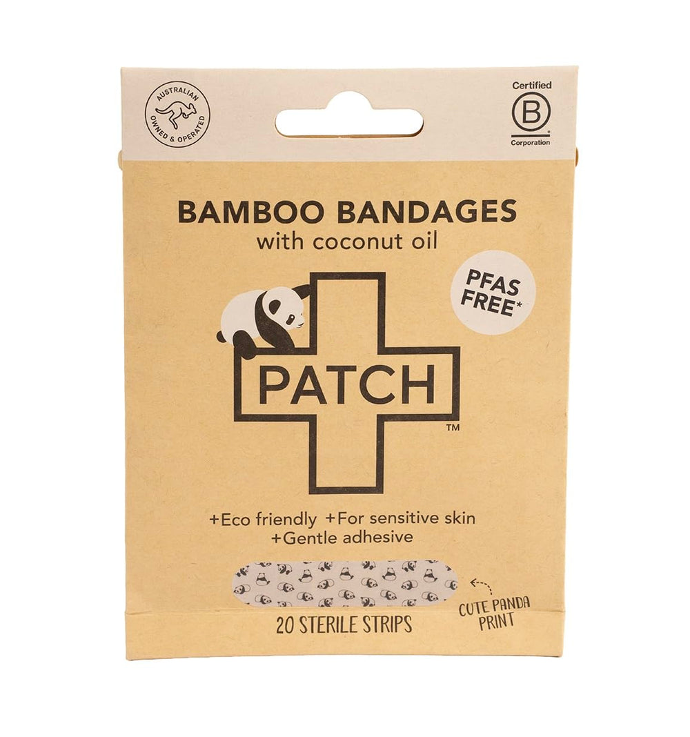 PATCH paquete frontal mostrando diseño panda y beneficio ecológico