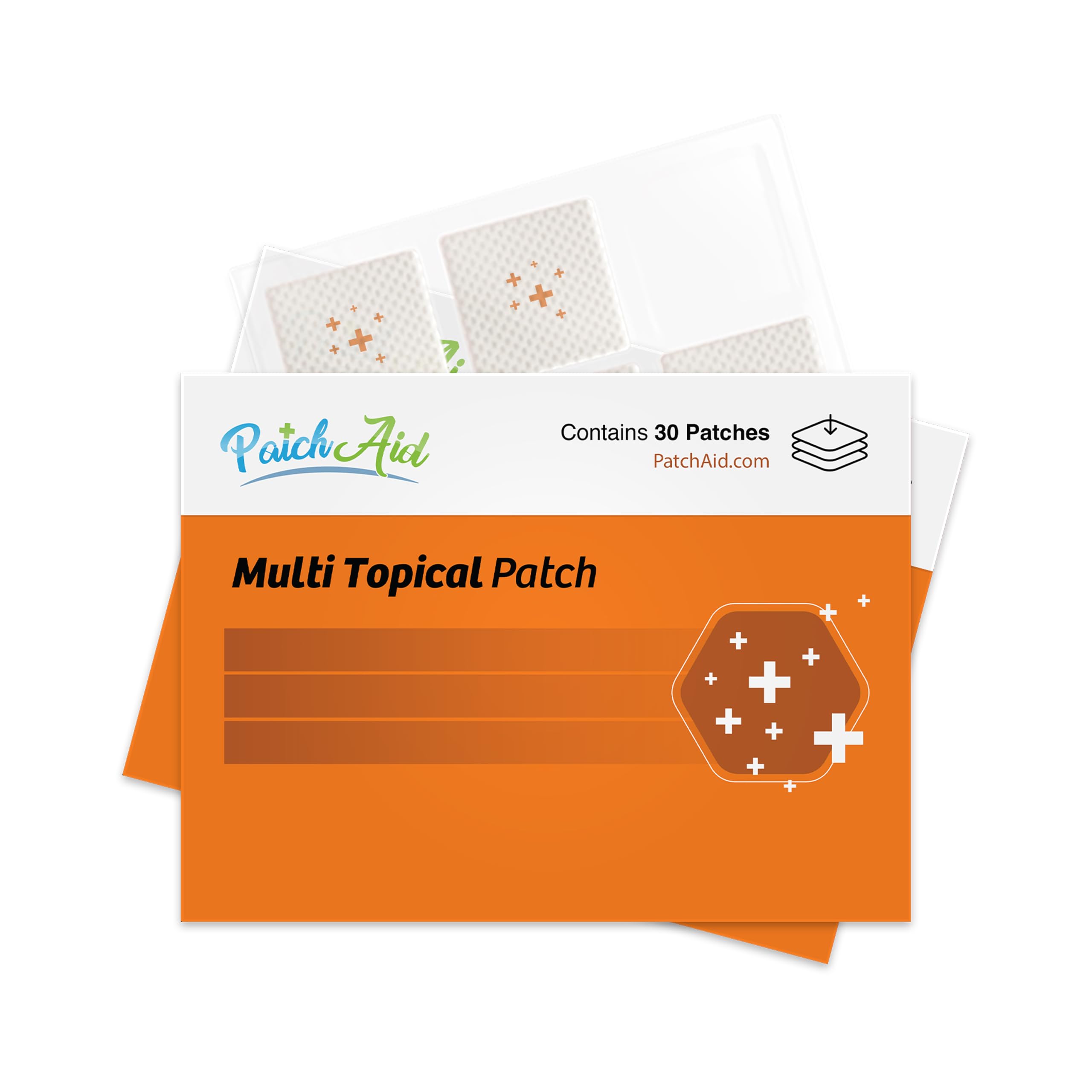 Patch Aid frente del empaque mostrando suministro de 30 días y beneficios prácticos
