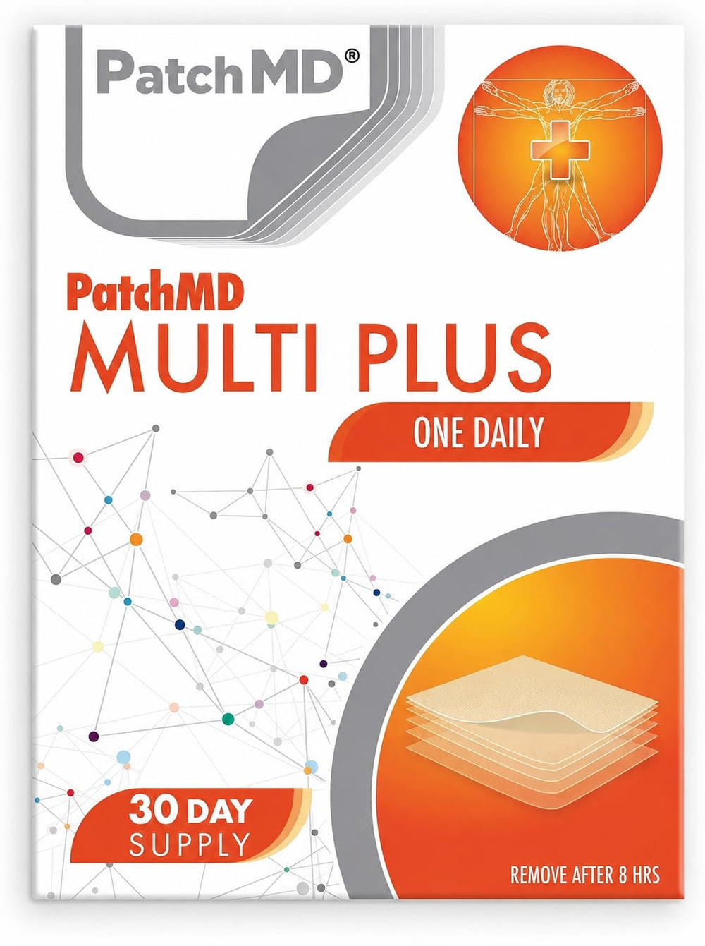 PatchMD empaque frontal mostrando suministro de 30 días y facilidad de uso