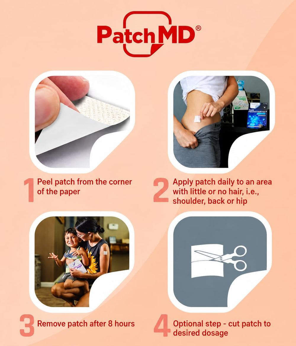 PatchMD parche aplicado en hombro demostrando uso fácil y discreto