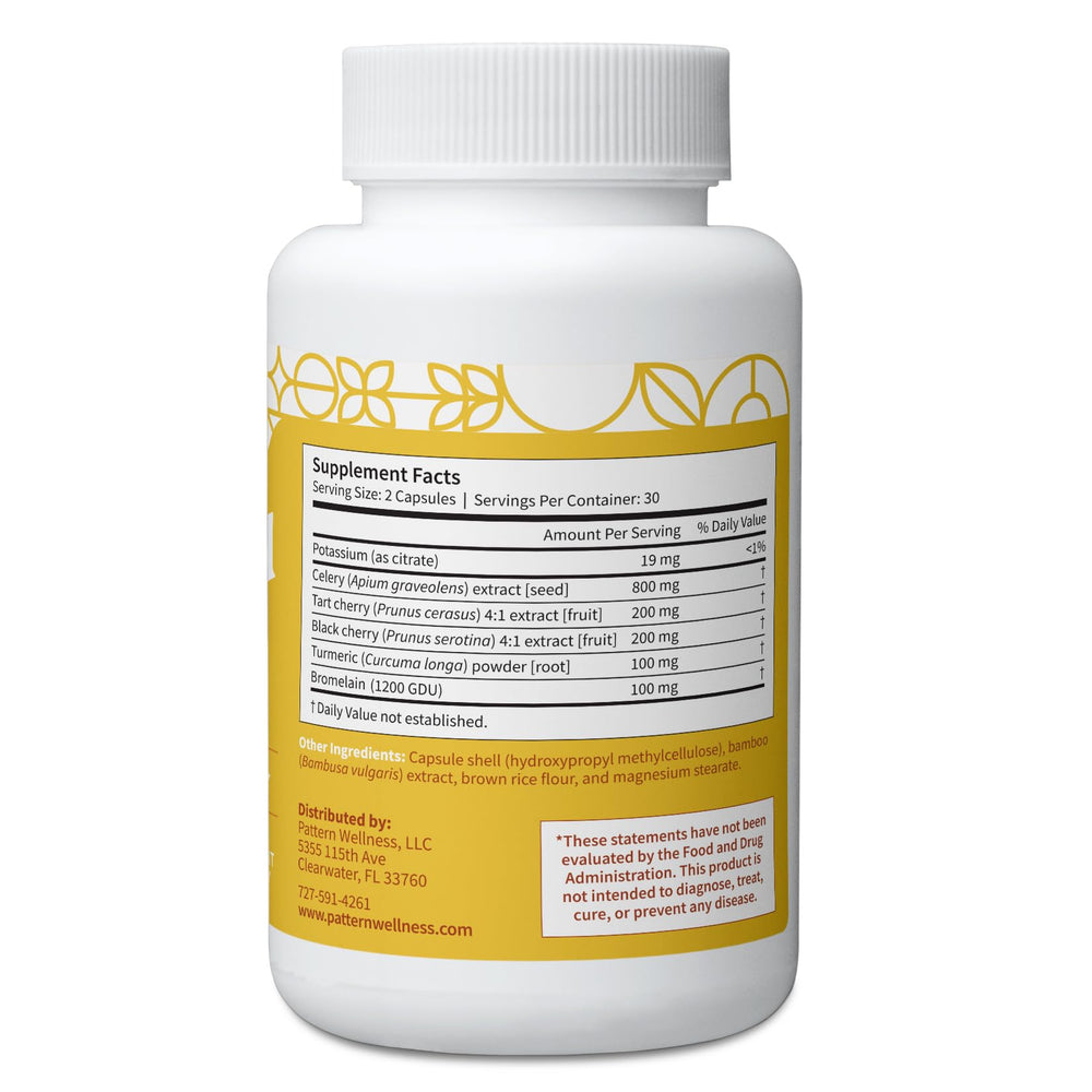 Detalle de la etiqueta Pattern Wellness mostrando ingredientes y certificados fiables