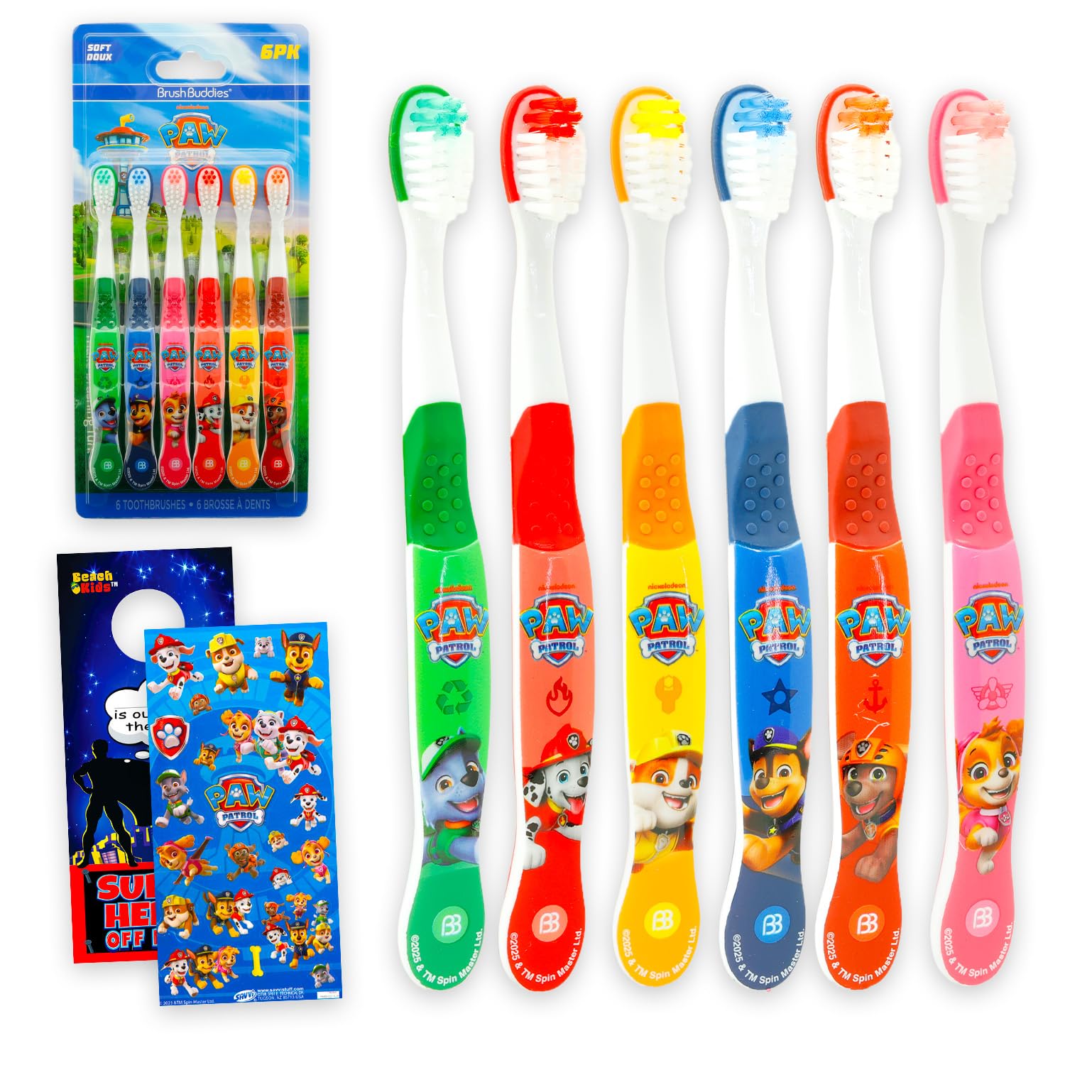 Paw Patrol paquete frontal mostrando los seis cepillos, diseño atractivo