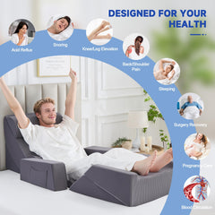 Paxato persona leyendo en cama usando la cuña para torso y apoyabrazos ergonómicos