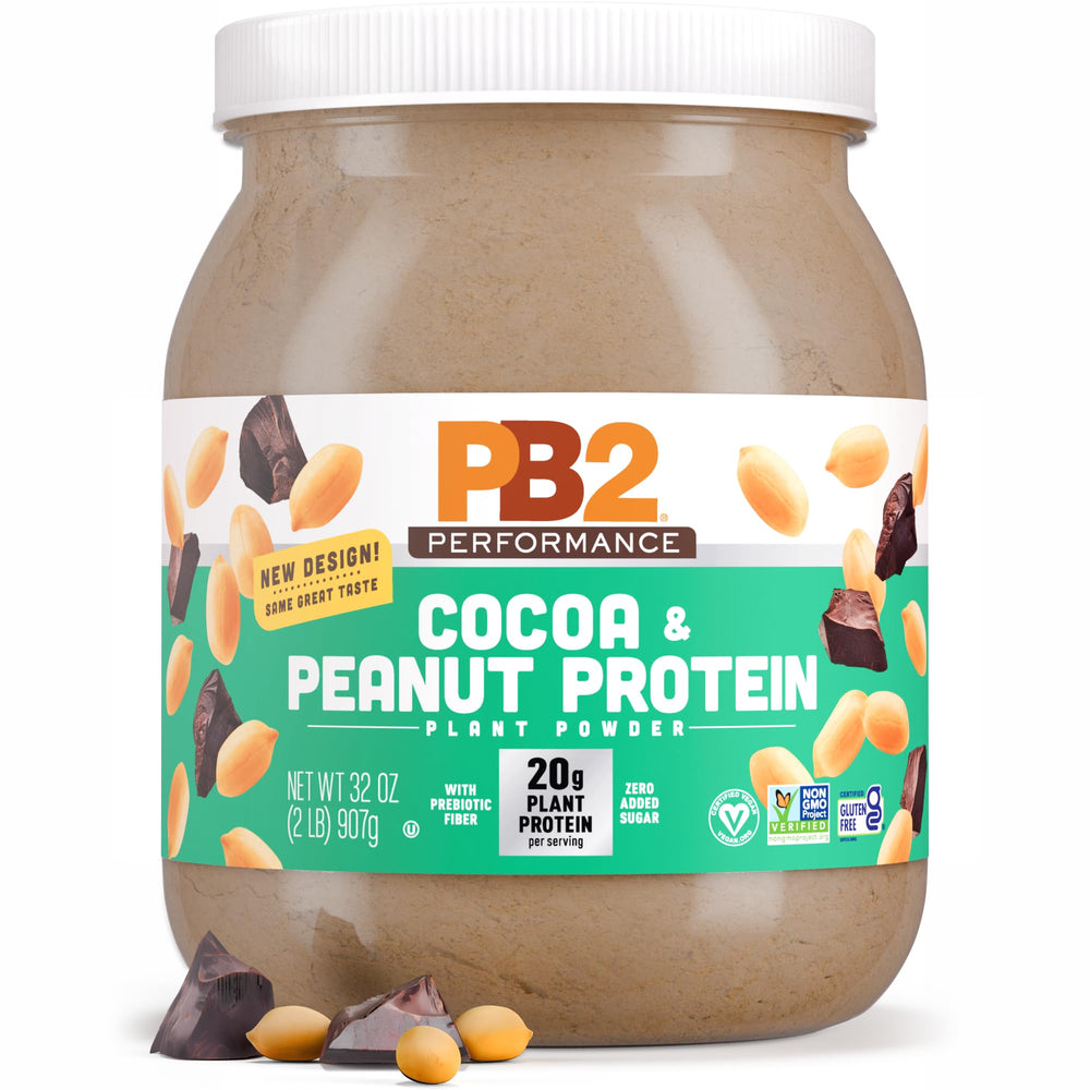 PB2 envase frontal con cacao, muestra aspecto apetitoso y confianza de marca