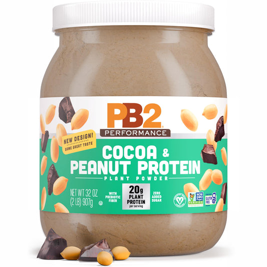 PB2 envase frontal con cacao, muestra aspecto apetitoso y confianza de marca