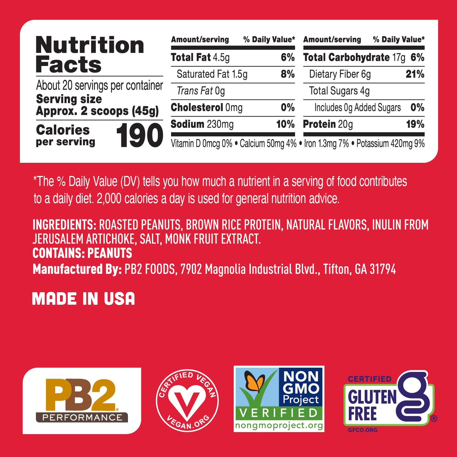 Etiqueta nutricional PB2 vainilla, informa sobre 20 g de proteína por porción
