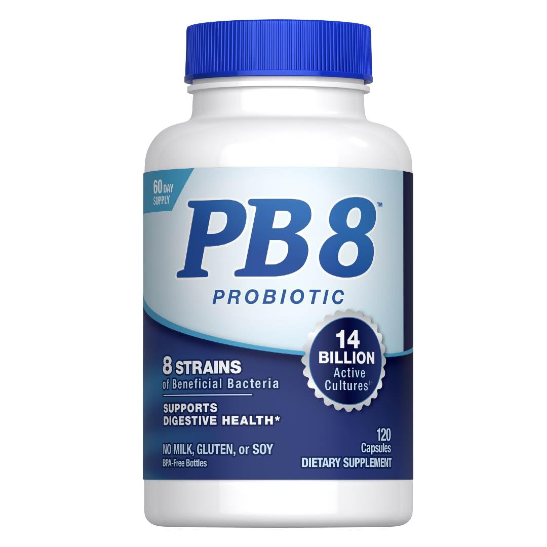 PB8 frasco frontal mostrando etiqueta y beneficios visibles