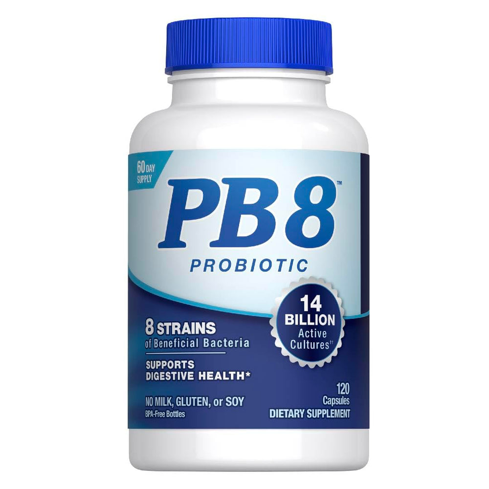 PB8 frasco frontal mostrando etiqueta y beneficios visibles