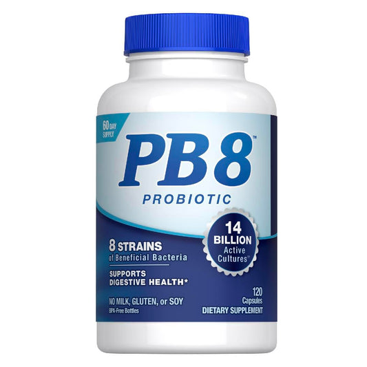 PB8 frasco frontal mostrando etiqueta y beneficios visibles