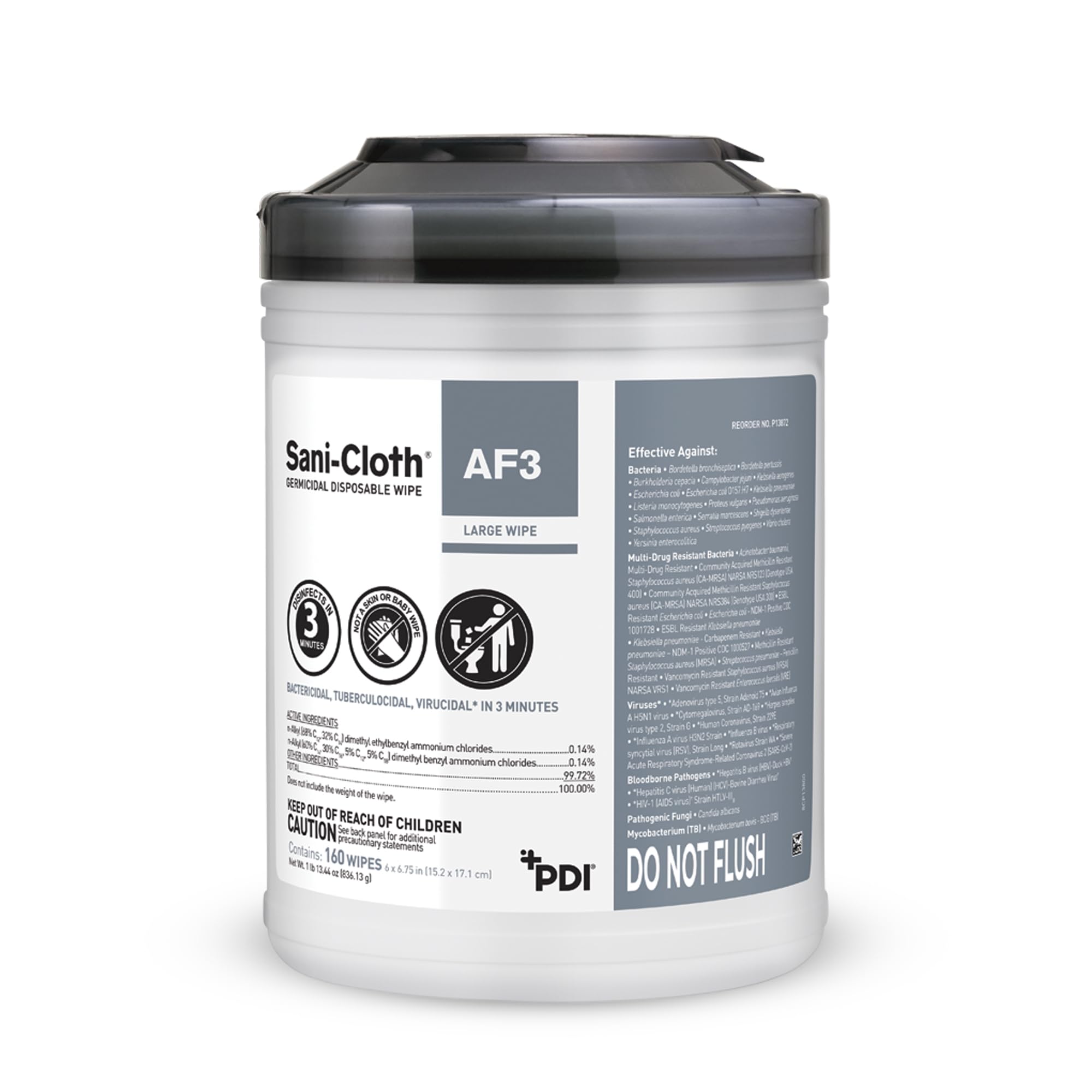 PDI Sani-Cloth AF3 bote frontal mostrando el envase y cantidad 160