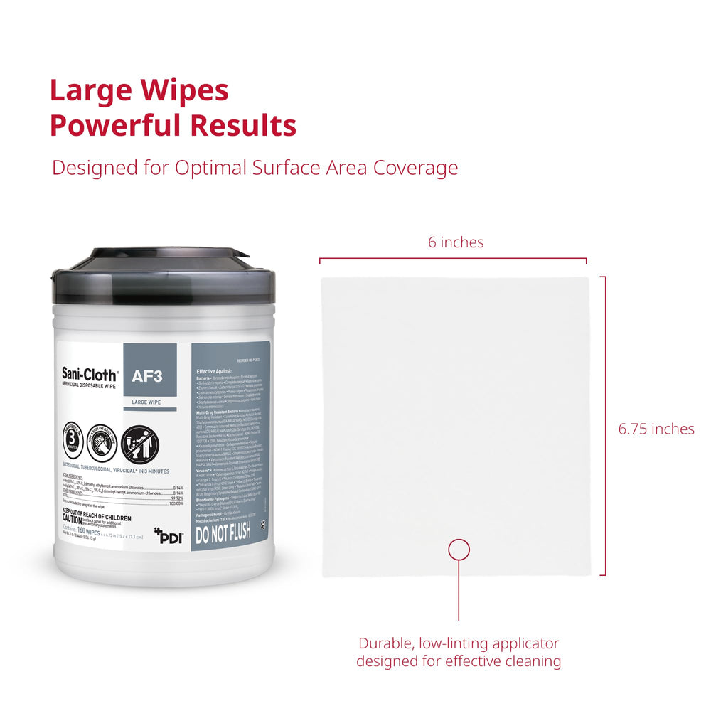 PDI Sani-Cloth AF3 comparación de tamaño con manos para escala práctica