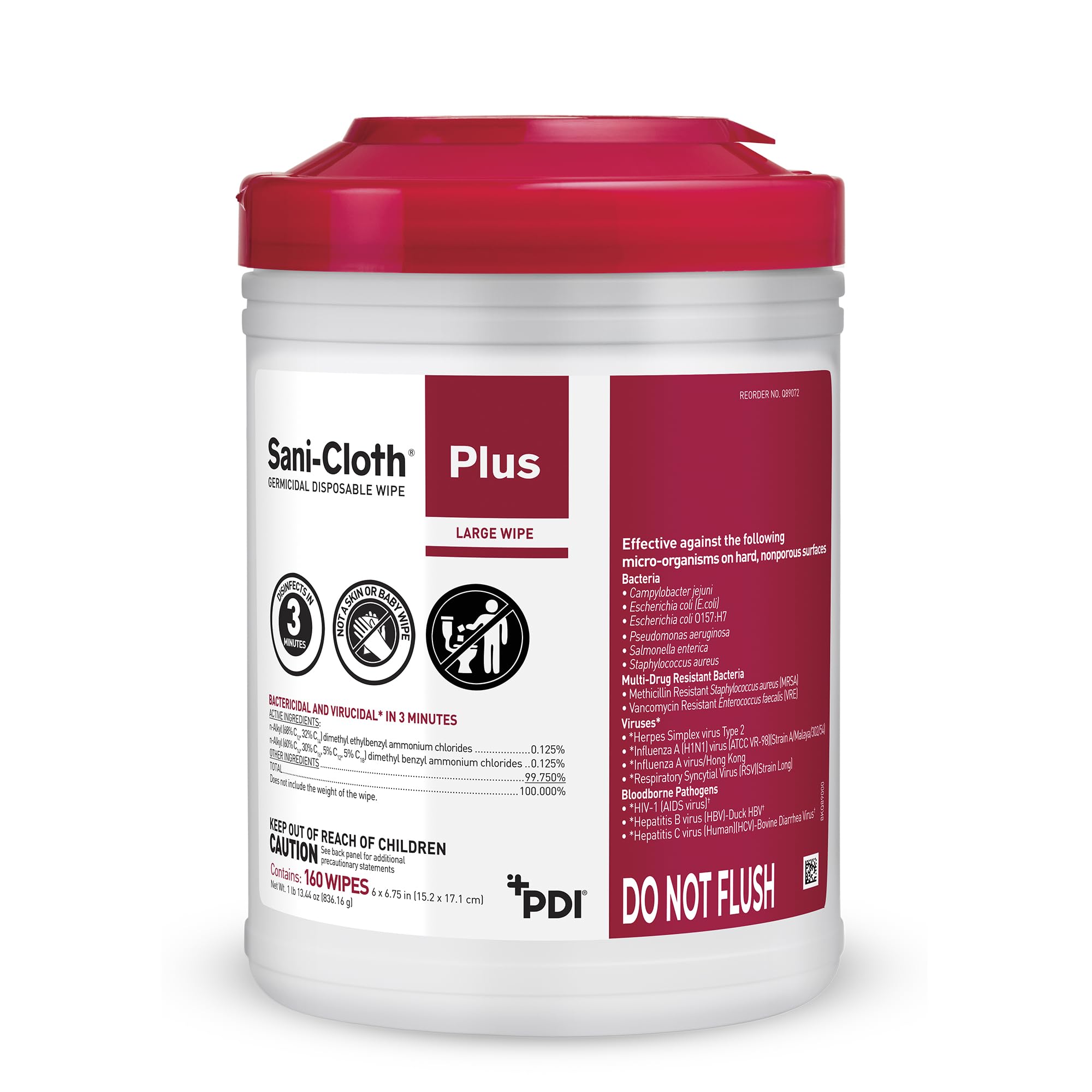 PDI Sani-Cloth Plus envase frontal mostrando el canister y beneficio de fácil dispensación