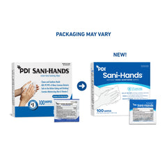 PDI Sani-Hands comparación de tamaño con una mano, formato portátil y compacto
