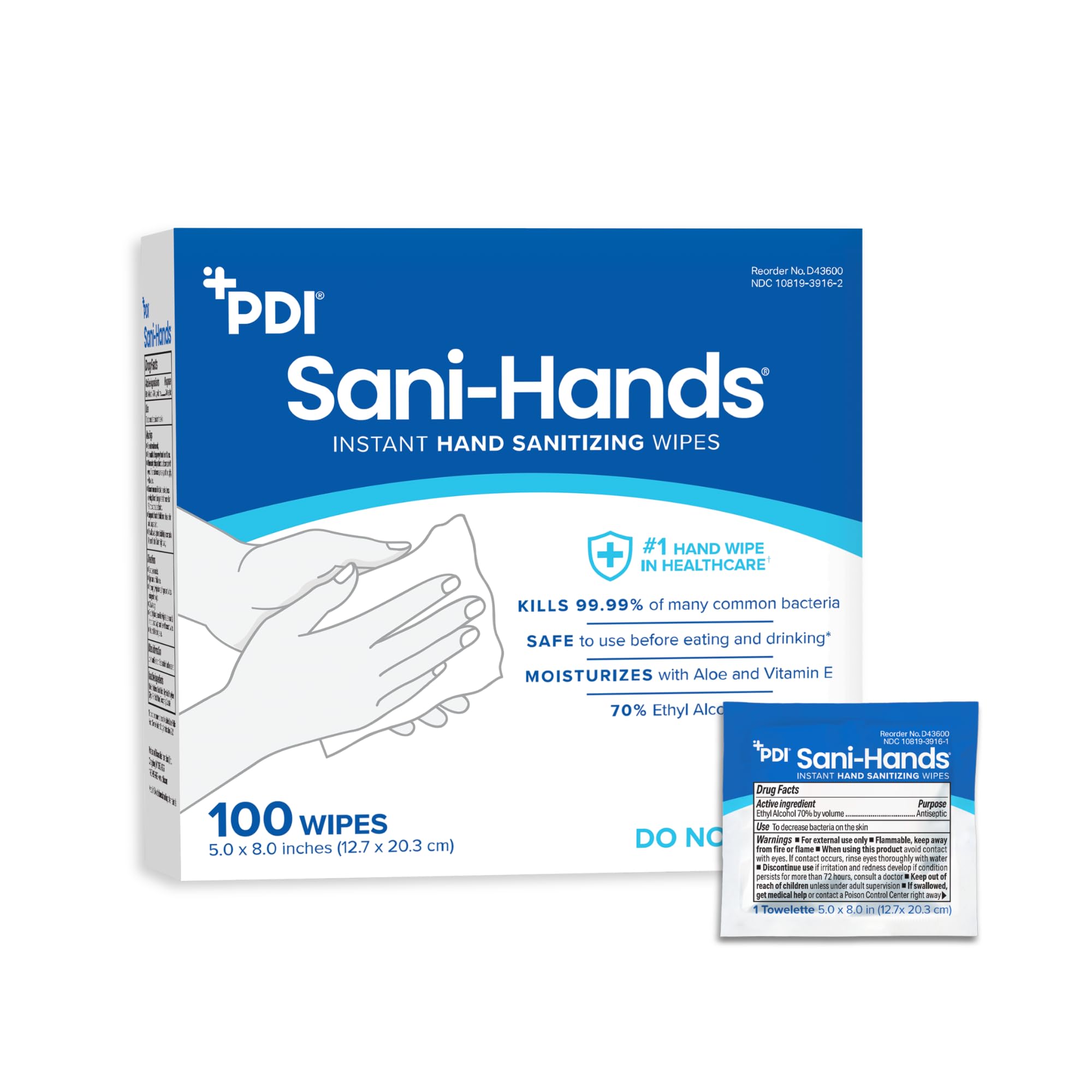 PDI Sani-Hands envase frontal mostrando caja de 100 sobres, práctico para reposición