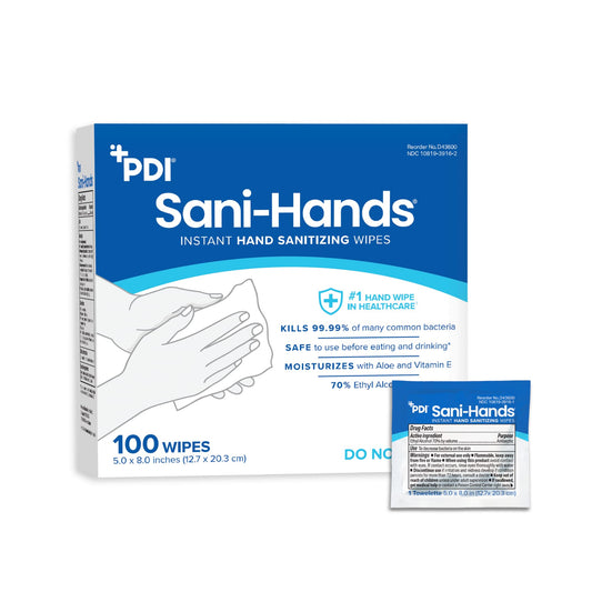 PDI Sani-Hands envase frontal mostrando caja de 100 sobres, práctico para reposición