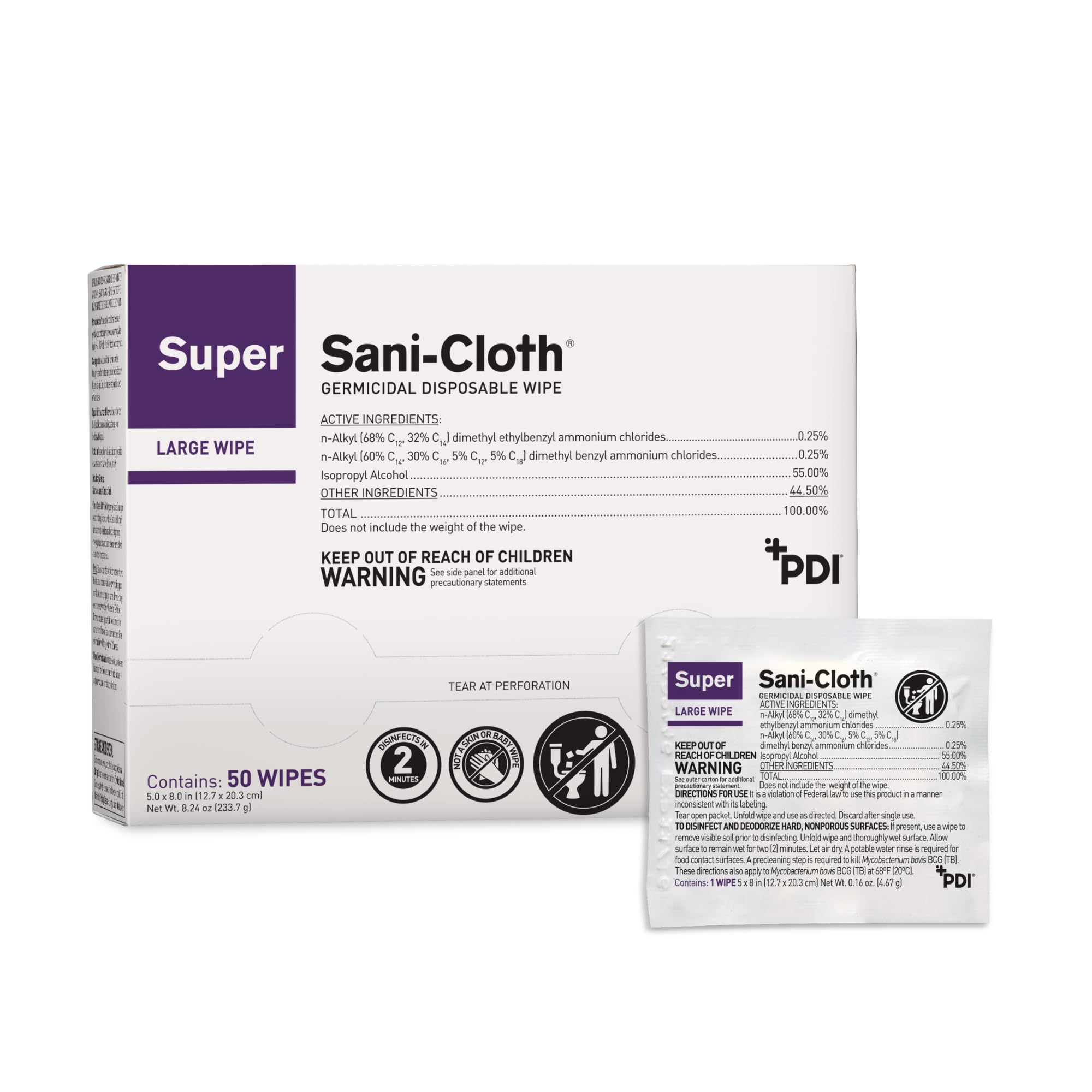 PDI Super Sani-Cloth empaque frontal caja 50 práctico para almacenamiento