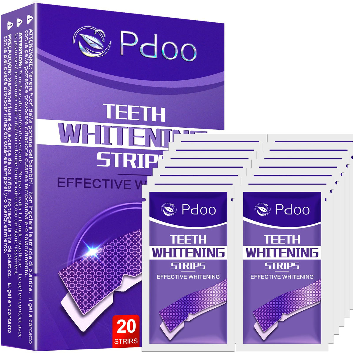 Pdoo paquete frontal morado mostrando 20 tiras y ventaja de tratamiento rápido