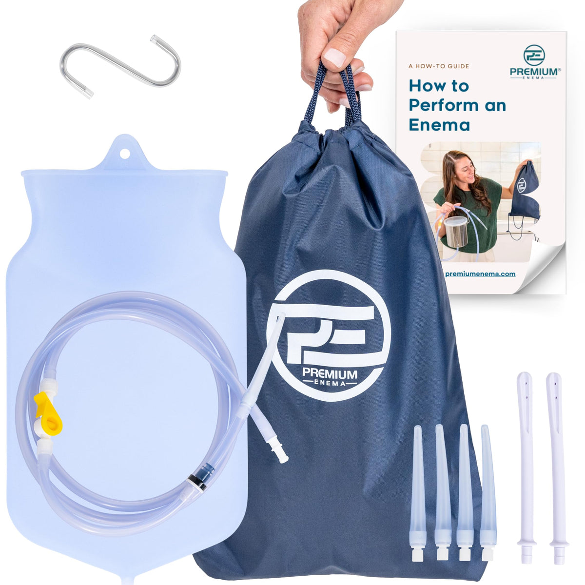 PE Premium Enema bolsa frontal transparente mostrando capacidad y visibilidad