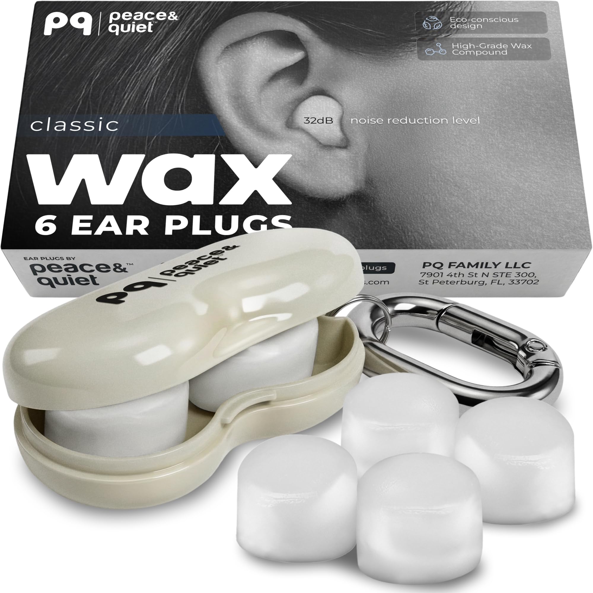 Peace&Quiet PQ Wax vista frontal del paquete y almohadillas, comodidad inmediata