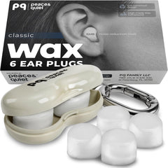 Peace&Quiet PQ Wax vista frontal del paquete y almohadillas, comodidad inmediata