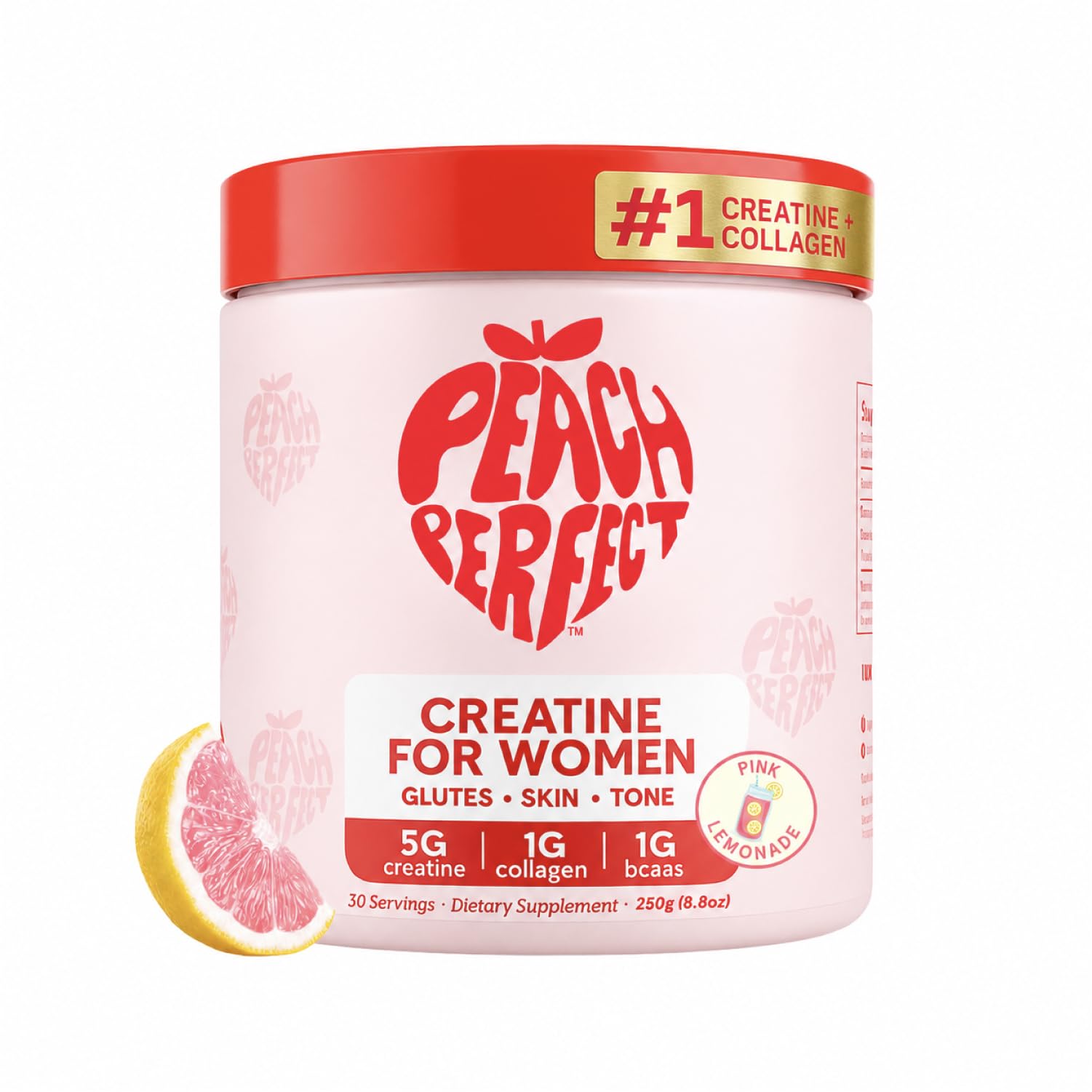 Peach Perfect frente del envase mostrando la marca y sabor pink lemonade, ayuda visual