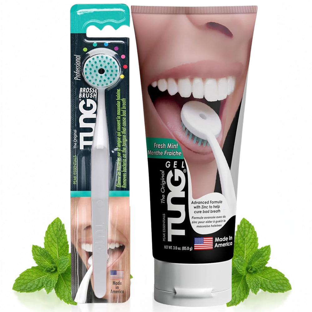 Peak Essentials TUNG cepillo frontal mostrando diseño y beneficio de limpieza profunda