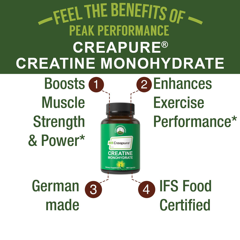 Peak Performance Creapure una cápsula en mano para dosificación práctica