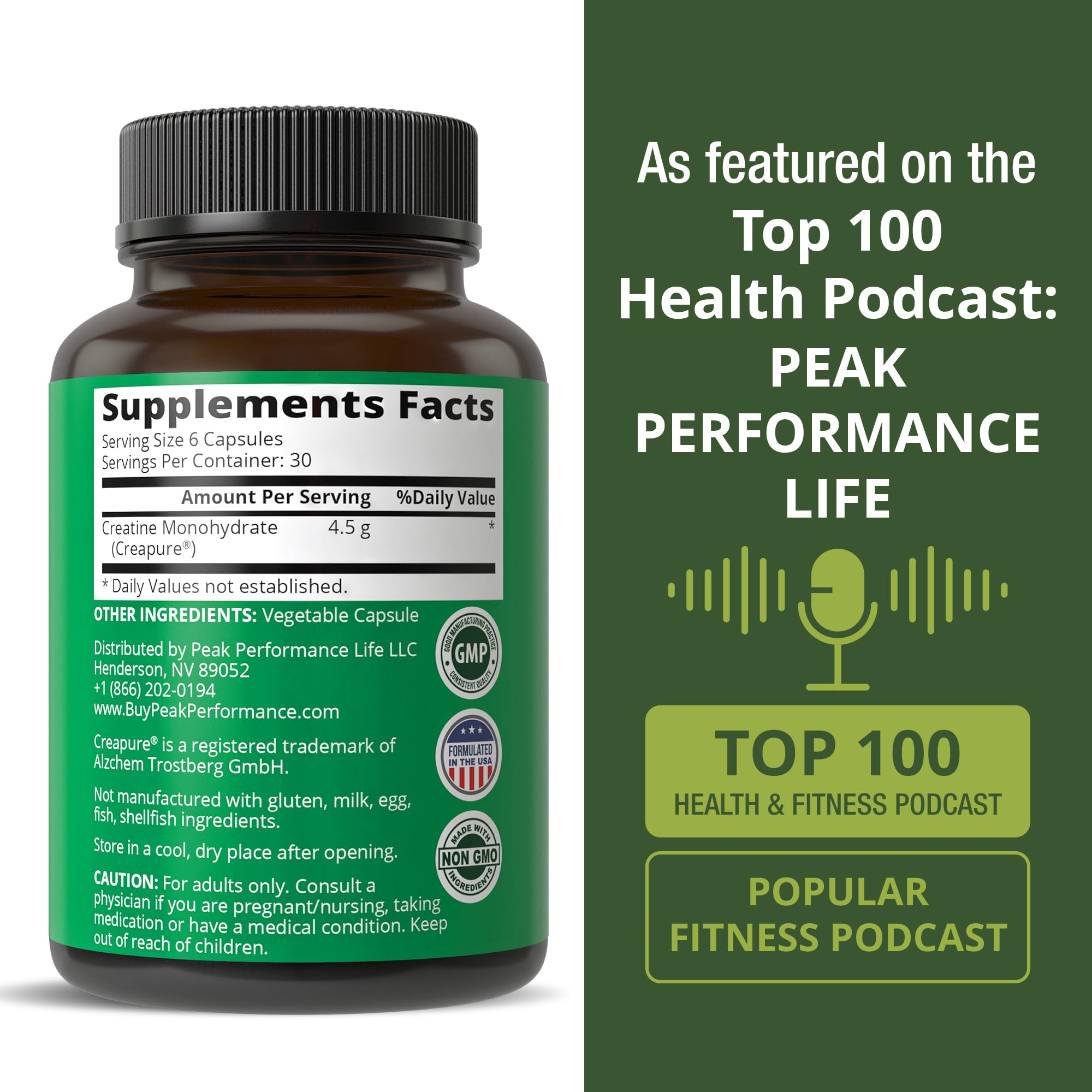 Peak Performance Creapure cápsulas en un bol junto a equipo de gimnasio útil para entrenar