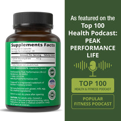 Peak Performance Creapure cápsulas en un bol junto a equipo de gimnasio útil para entrenar