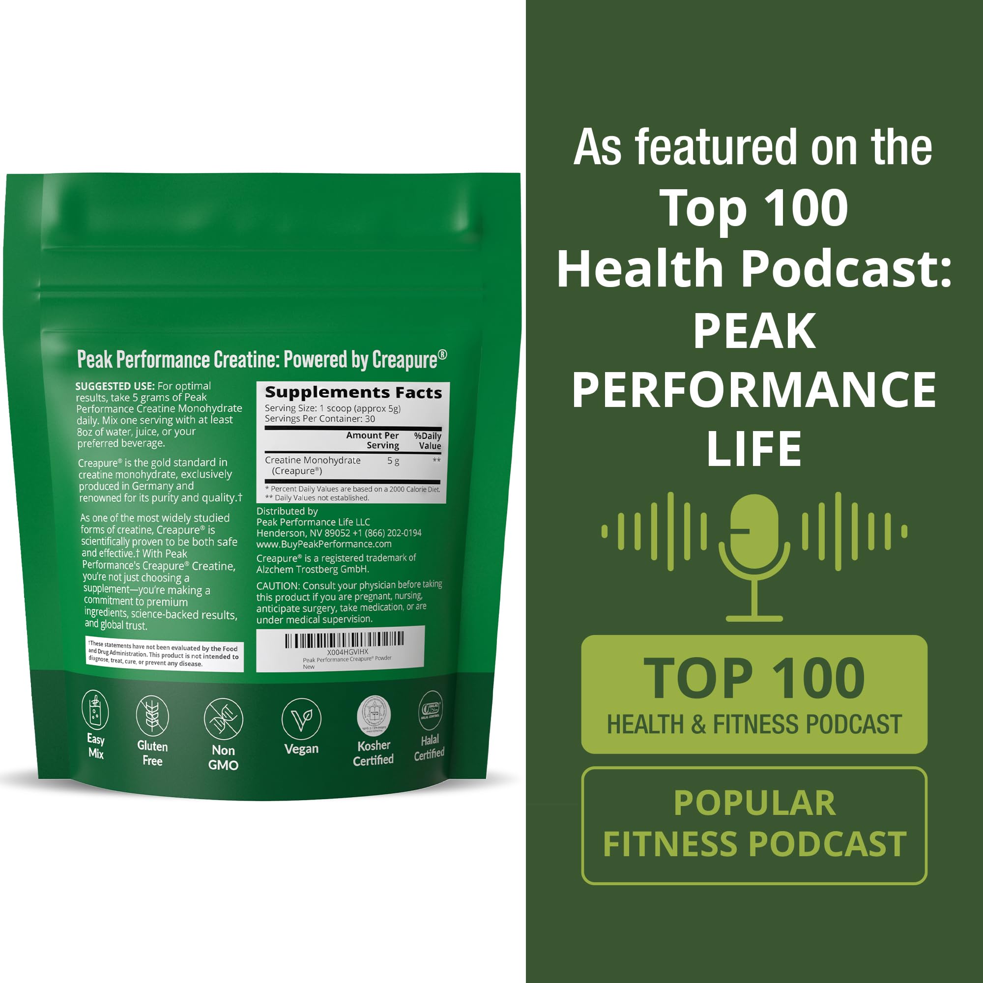 Peak Performance Creapure comparativa de tamaño del envase ideal para almacenamiento