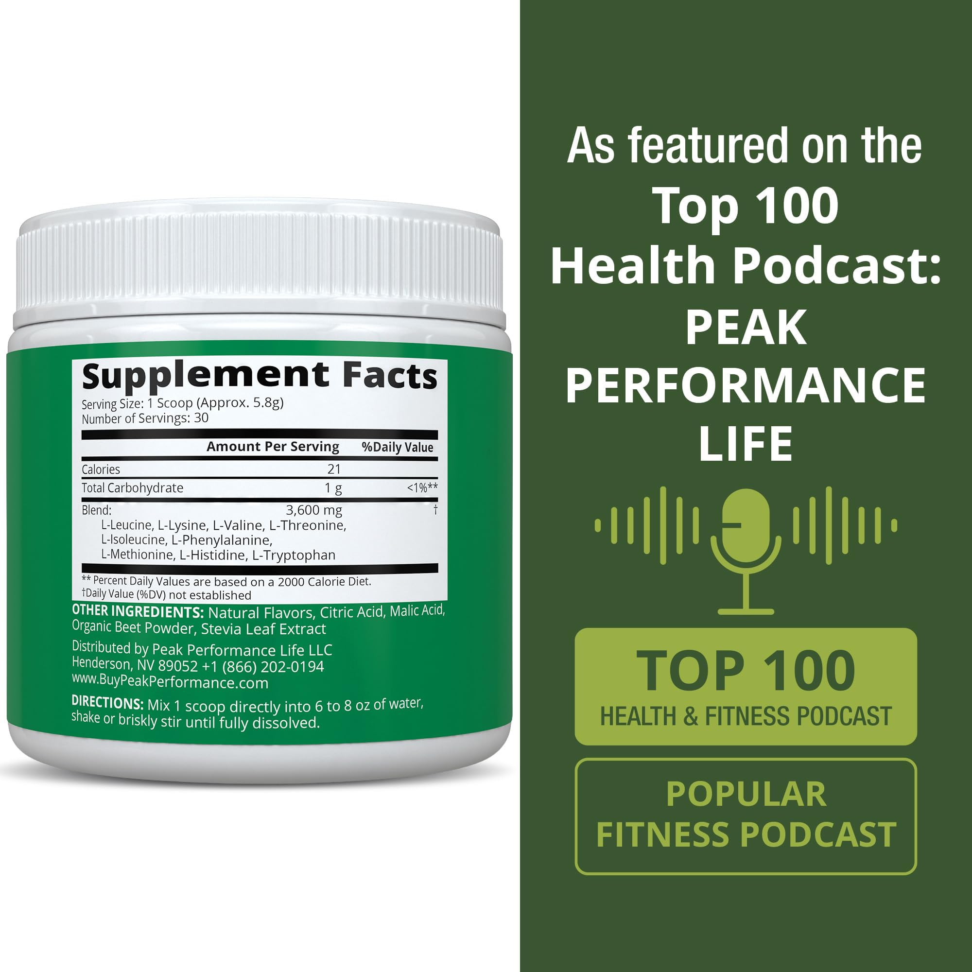 Etiqueta del producto Peak Performance con lista de aminoácidos y certificaciones
