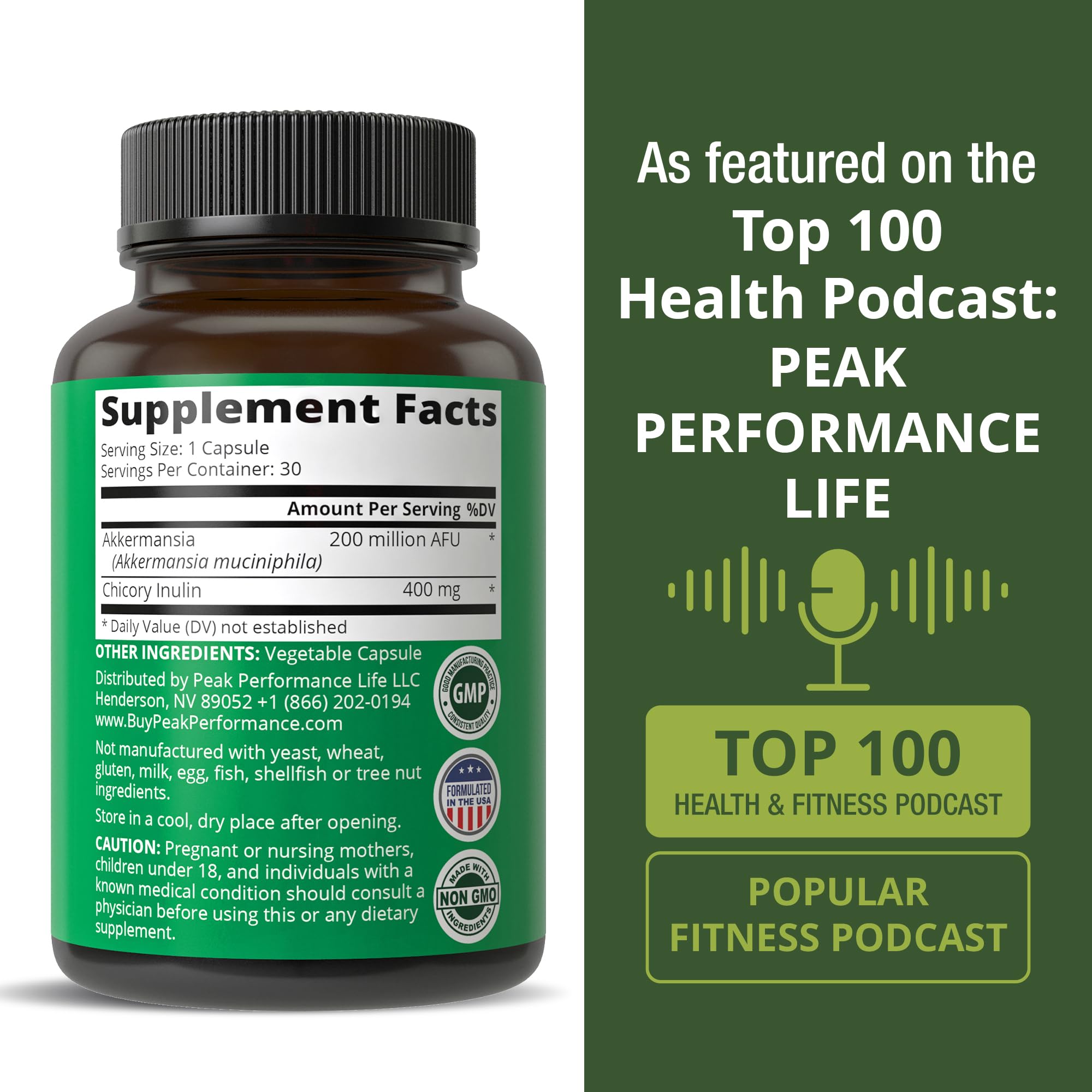 Etiqueta Peak Performance con información de AFU, ingredientes y pruebas de terceros