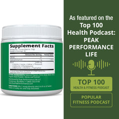 Etiqueta del producto Peak Performance con lista de aminoácidos y certificaciones