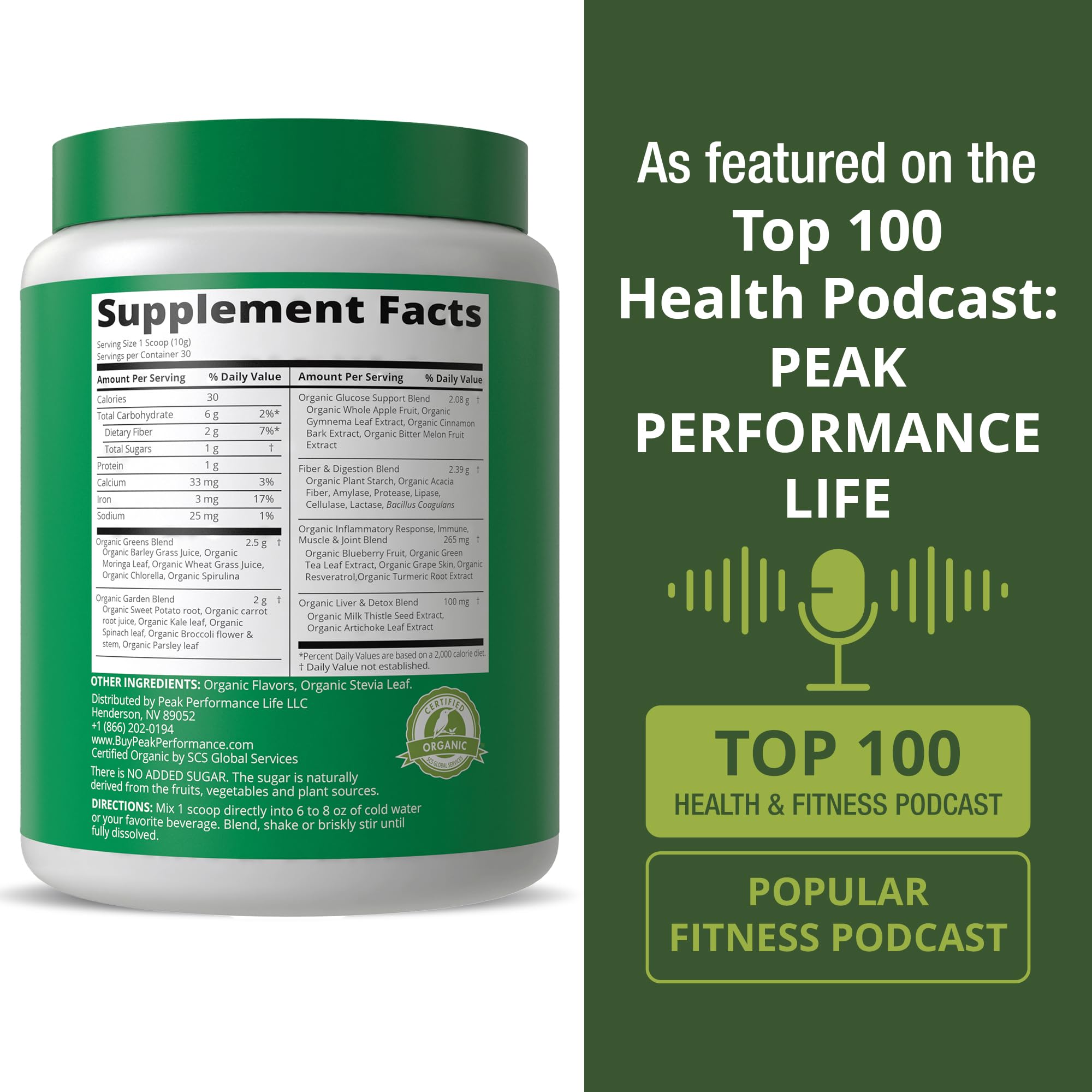 Peak Performance etiqueta con lista de ingredientes orgánicos legible