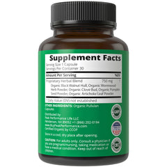 Peak Performance etiqueta con sellos USDA Organic y detalles de pureza