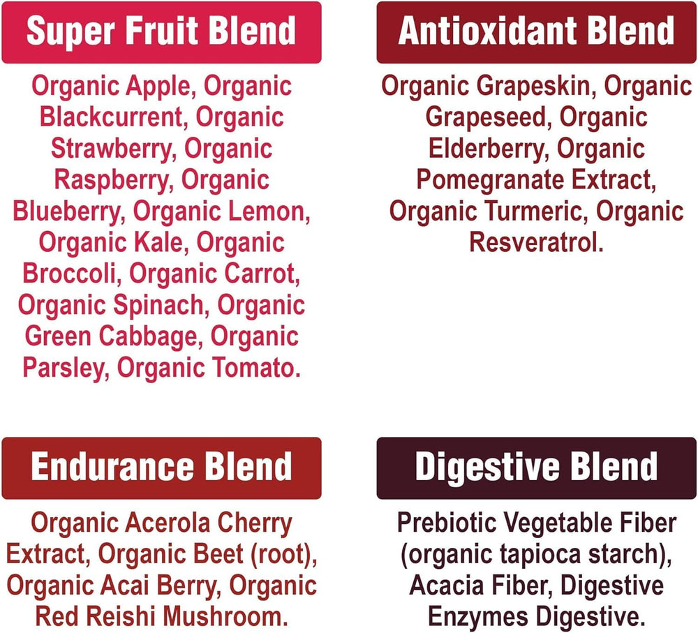 Escena lifestyle con Peak Performance Organic Reds en cocina para rutina saludable diaria