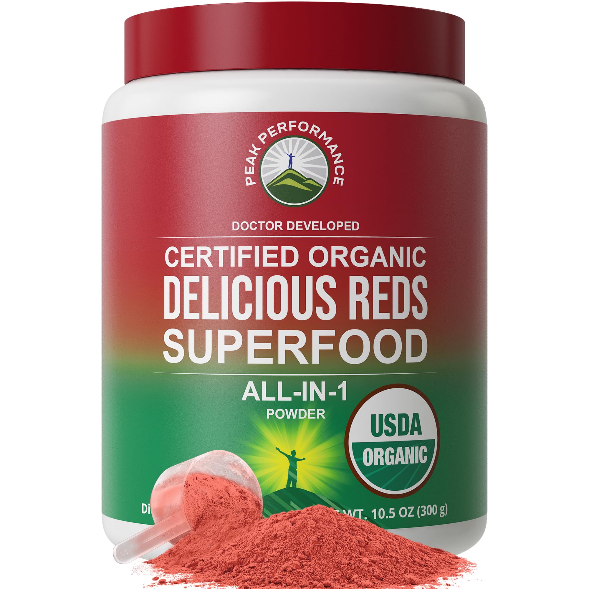 Peak Performance envase frontal del polvo superfood con información clara y beneficio práctico