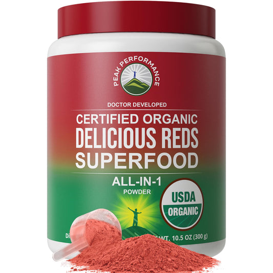 Peak Performance envase frontal del polvo superfood con información clara y beneficio práctico