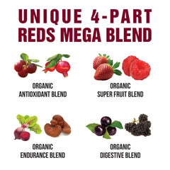 Etiqueta nutricional de Peak Performance Organic Reds con información clara y trazabilidad