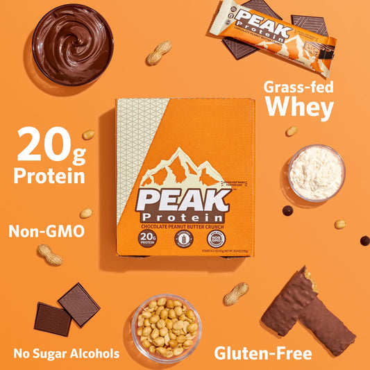 Peak Protein Chocolate Peanut Butter Crunch bar closeup showing creamy center and crunchy texture.
